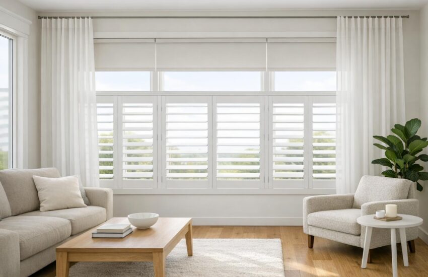 A bright, modern living room with large windows featuring allergy-friendly roller shades, plantation shutters, and sheer drapery in a clean, dust-free environment.