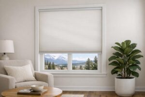 Stock photo showing a modern Colorado home interior with cordless cellular shades on the window, securely installed to highlight child safety features, and no visible cords or people.
