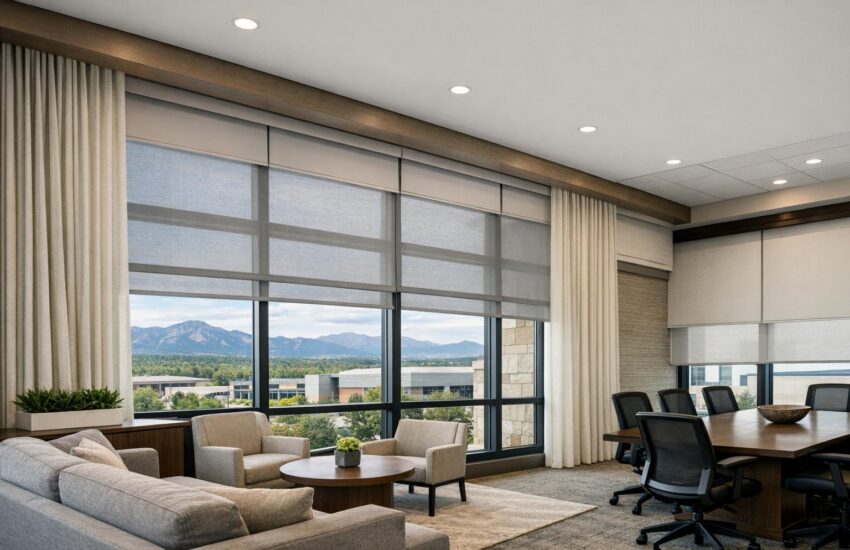 Modern Colorado commercial office interior showcasing custom window treatments with solar shades, roller shades, and drapery, emphasizing daylight management and professional design.