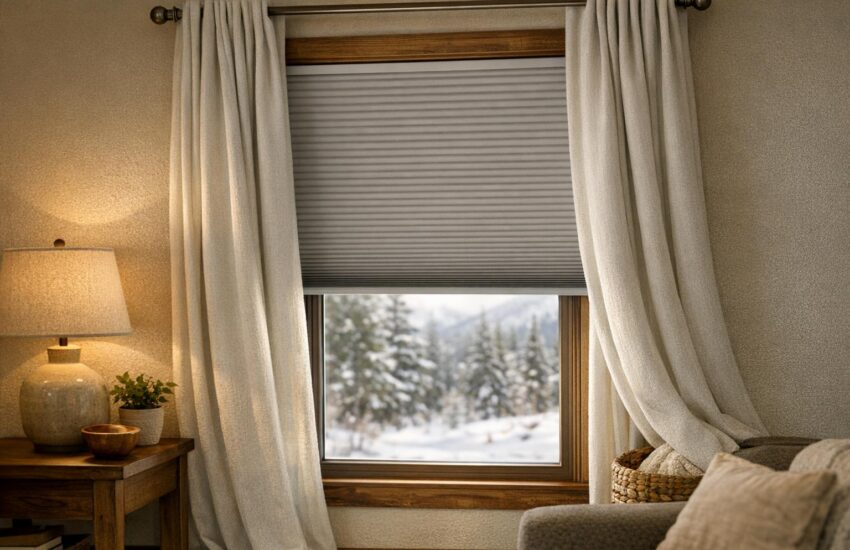 Cozy living room in Colorado featuring layered thermal drapes and cellular blackout shade on a large window, highlighting insulation and light control options.