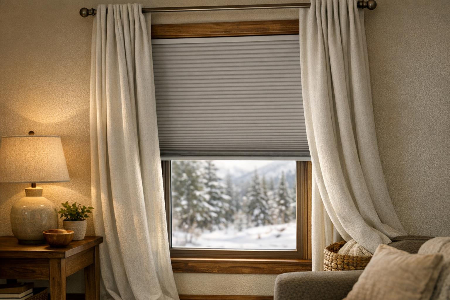 Cozy living room in Colorado featuring layered thermal drapes and cellular blackout shade on a large window, highlighting insulation and light control options.