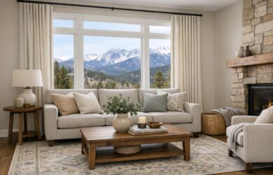 A modern Colorado living room featuring coordinated upholstery and curtains in a neutral palette, with layered textures and natural light for a cohesive, designer look.