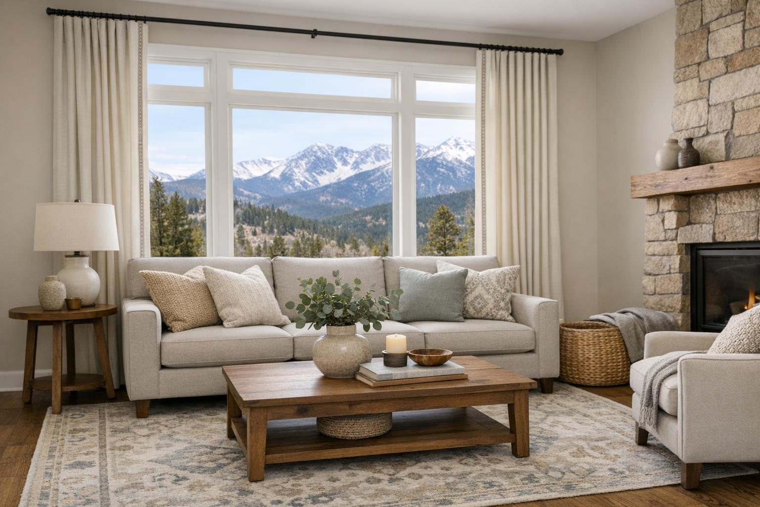 A modern Colorado living room featuring coordinated upholstery and curtains in a neutral palette, with layered textures and natural light for a cohesive, designer look.