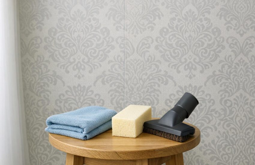 Professional stock photo featuring patterned wallpaper, a microfiber cloth, cleaning sponge, and vacuum brush on a stool next to the wall, emphasizing wallpaper cleaning tools and care in a clean, modern interior without people.