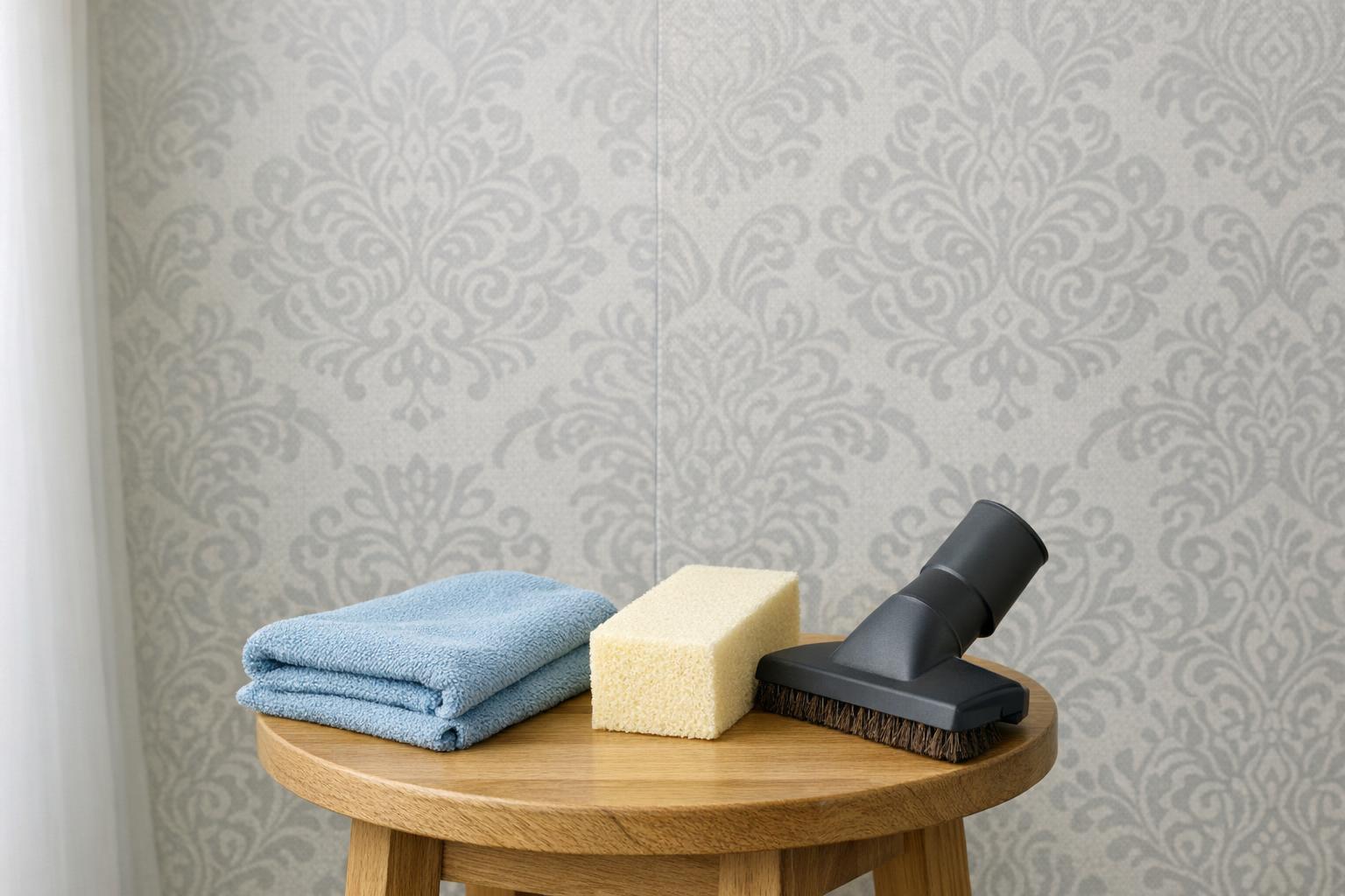 Professional stock photo featuring patterned wallpaper, a microfiber cloth, cleaning sponge, and vacuum brush on a stool next to the wall, emphasizing wallpaper cleaning tools and care in a clean, modern interior without people.