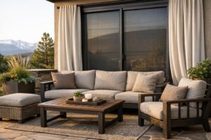 A modern Colorado patio with weather-resistant outdoor cushions and solar-shaded sliding glass doors, professionally photographed in soft morning light.