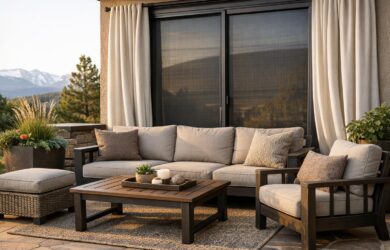A modern Colorado patio with weather-resistant outdoor cushions and solar-shaded sliding glass doors, professionally photographed in soft morning light.