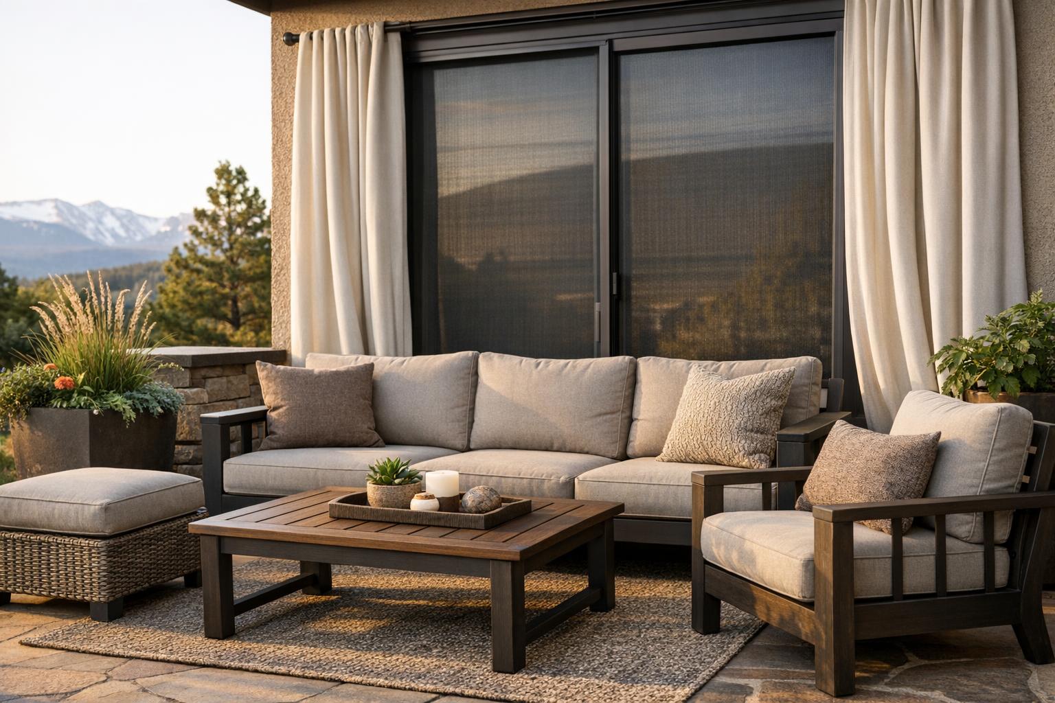 A modern Colorado patio with weather-resistant outdoor cushions and solar-shaded sliding glass doors, professionally photographed in soft morning light.