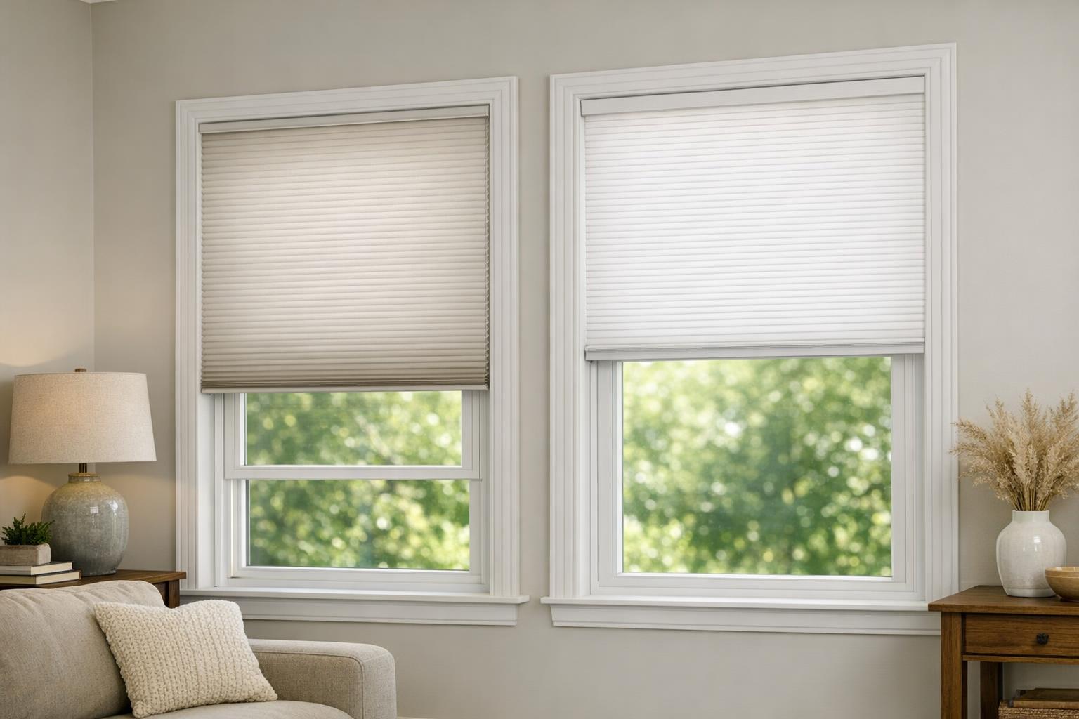Close-up image of modern windows with cellular shades partially lowered in a comfortable living room, highlighting their insulating and light-filtering design without people present.