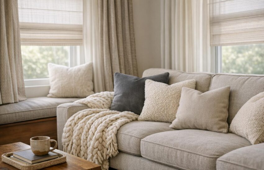 Cozy Colorado living room featuring layered soft furnishings and custom upholstery in warm neutrals, with textured cushions, a throw, and light-filtering window treatments, professionally photographed without people.