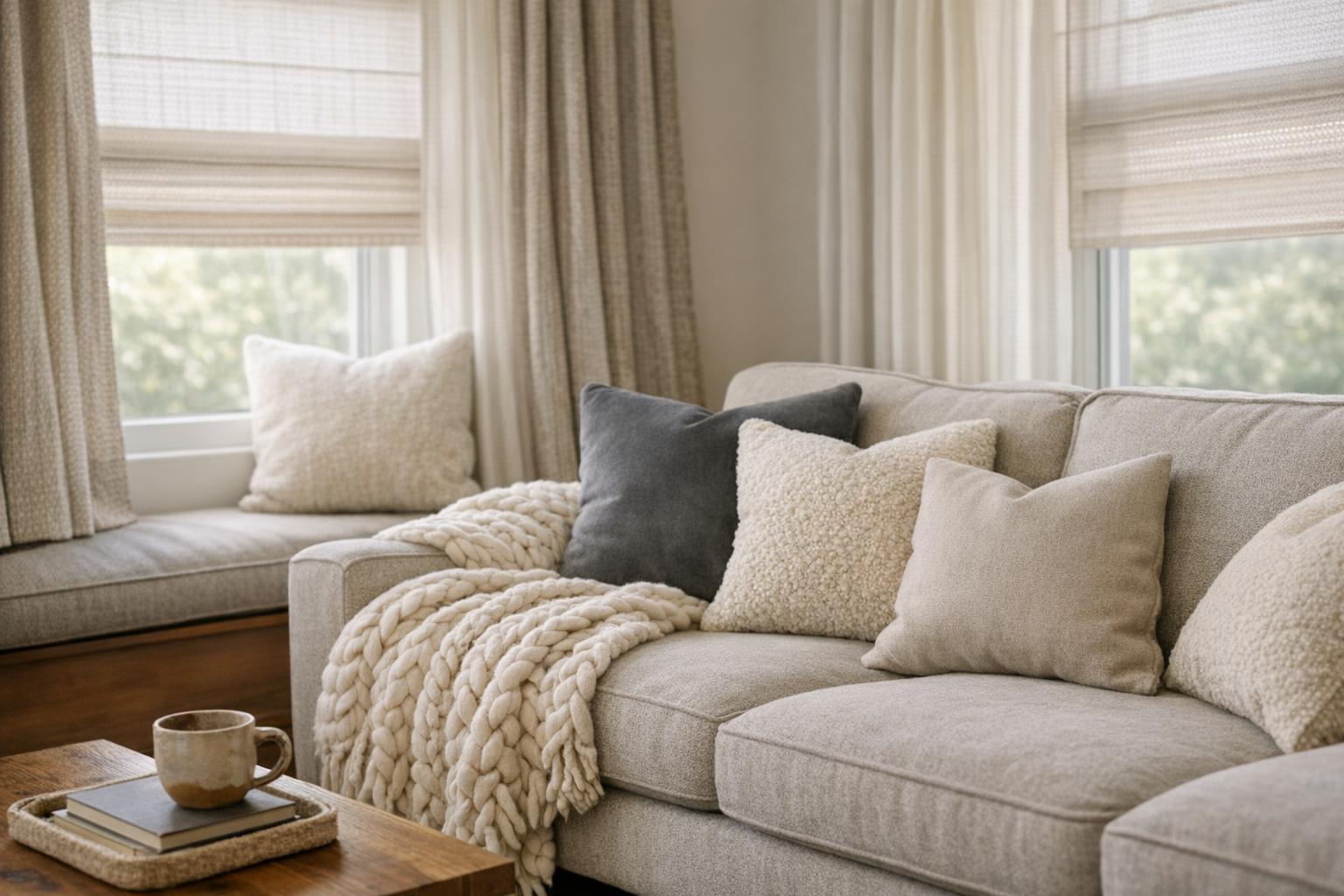 Cozy Colorado living room featuring layered soft furnishings and custom upholstery in warm neutrals, with textured cushions, a throw, and light-filtering window treatments, professionally photographed without people.