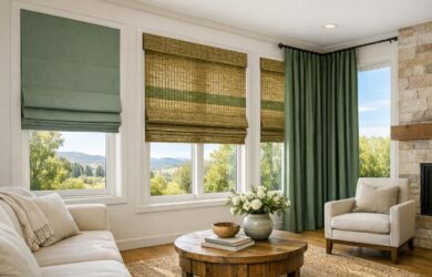 Stock photo of a bright Colorado living room with green window treatments, sunlight streaming through, and natural, earthy decor elements.