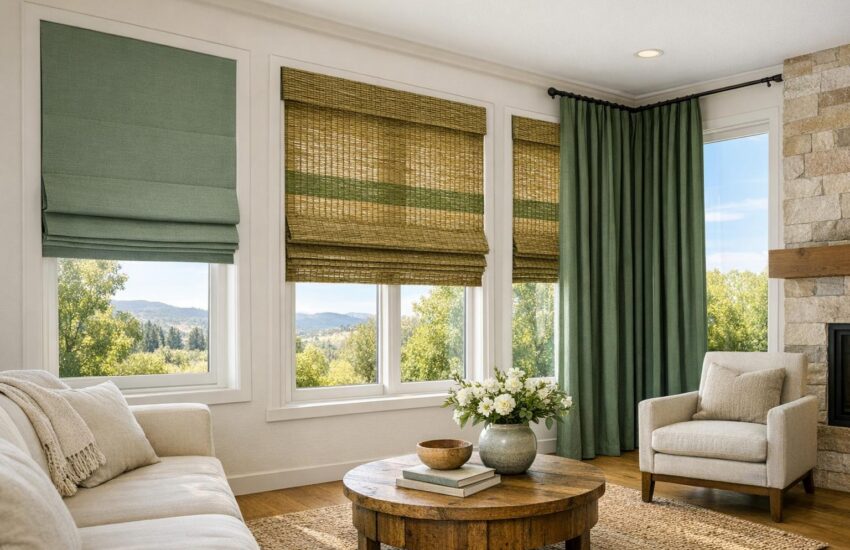 Stock photo of a bright Colorado living room with green window treatments, sunlight streaming through, and natural, earthy decor elements.