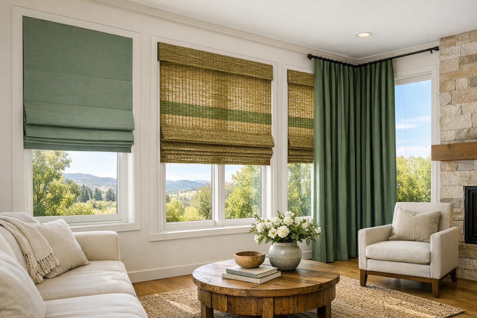 Stock photo of a bright Colorado living room with green window treatments, sunlight streaming through, and natural, earthy decor elements.