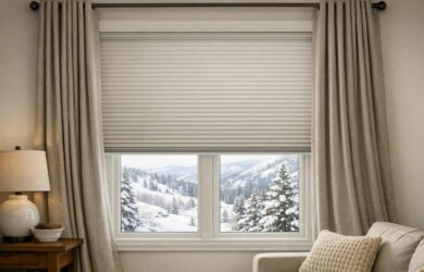 Stock photo of a Colorado living room window with insulating cellular shades and thermal drapes, snow outside, illustrating energy-efficient winter window treatments.