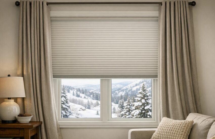 Stock photo of a Colorado living room window with insulating cellular shades and thermal drapes, snow outside, illustrating energy-efficient winter window treatments.