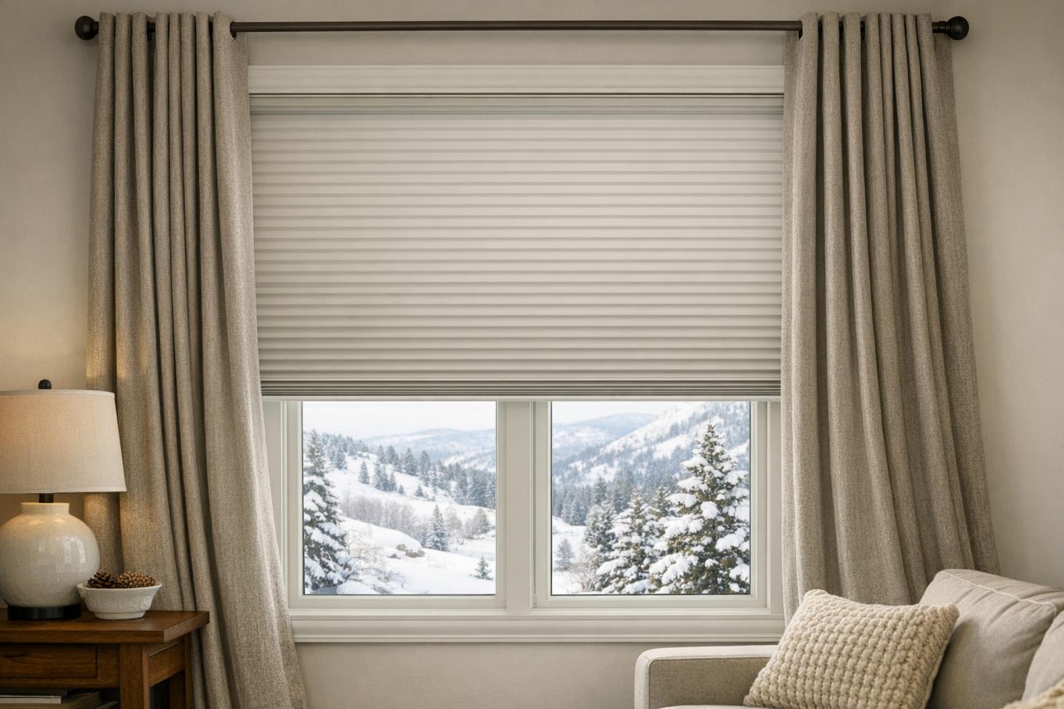 Stock photo of a Colorado living room window with insulating cellular shades and thermal drapes, snow outside, illustrating energy-efficient winter window treatments.