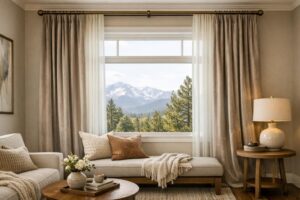 A professionally styled living room with elegant layered drapery and soft natural light, showcasing custom window treatments in a Colorado home.