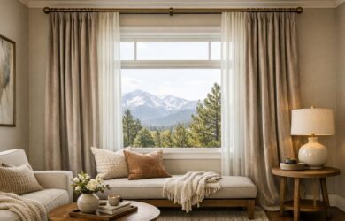 A professionally styled living room with elegant layered drapery and soft natural light, showcasing custom window treatments in a Colorado home.