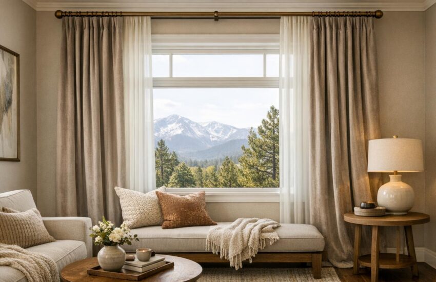 A professionally styled living room with elegant layered drapery and soft natural light, showcasing custom window treatments in a Colorado home.