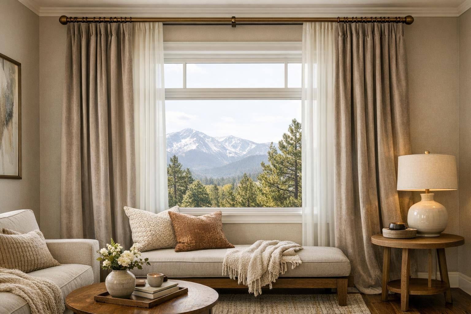 A professionally styled living room with elegant layered drapery and soft natural light, showcasing custom window treatments in a Colorado home.