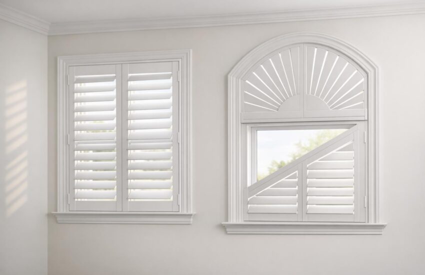 A stock photo showing classic plantation shutters on a rectangular window and specialty shutters on an arched window, highlighting custom shutter styles in a bright, modern interior.