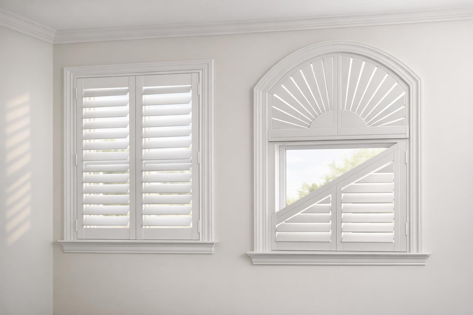 A stock photo showing classic plantation shutters on a rectangular window and specialty shutters on an arched window, highlighting custom shutter styles in a bright, modern interior.