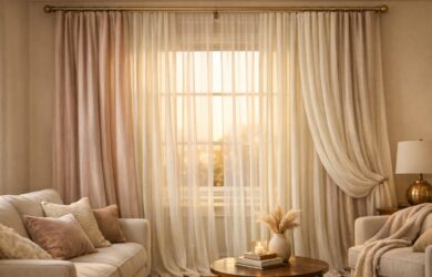 Professional stock photo of a softly sunlit living room window with layered drapery in muted blush and ivory tones, featuring elegant fabric textures and warm metallic hardware, embodying a romantic and inviting ambiance.
