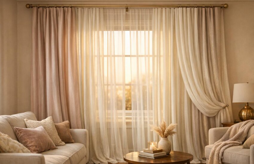 Professional stock photo of a softly sunlit living room window with layered drapery in muted blush and ivory tones, featuring elegant fabric textures and warm metallic hardware, embodying a romantic and inviting ambiance.
