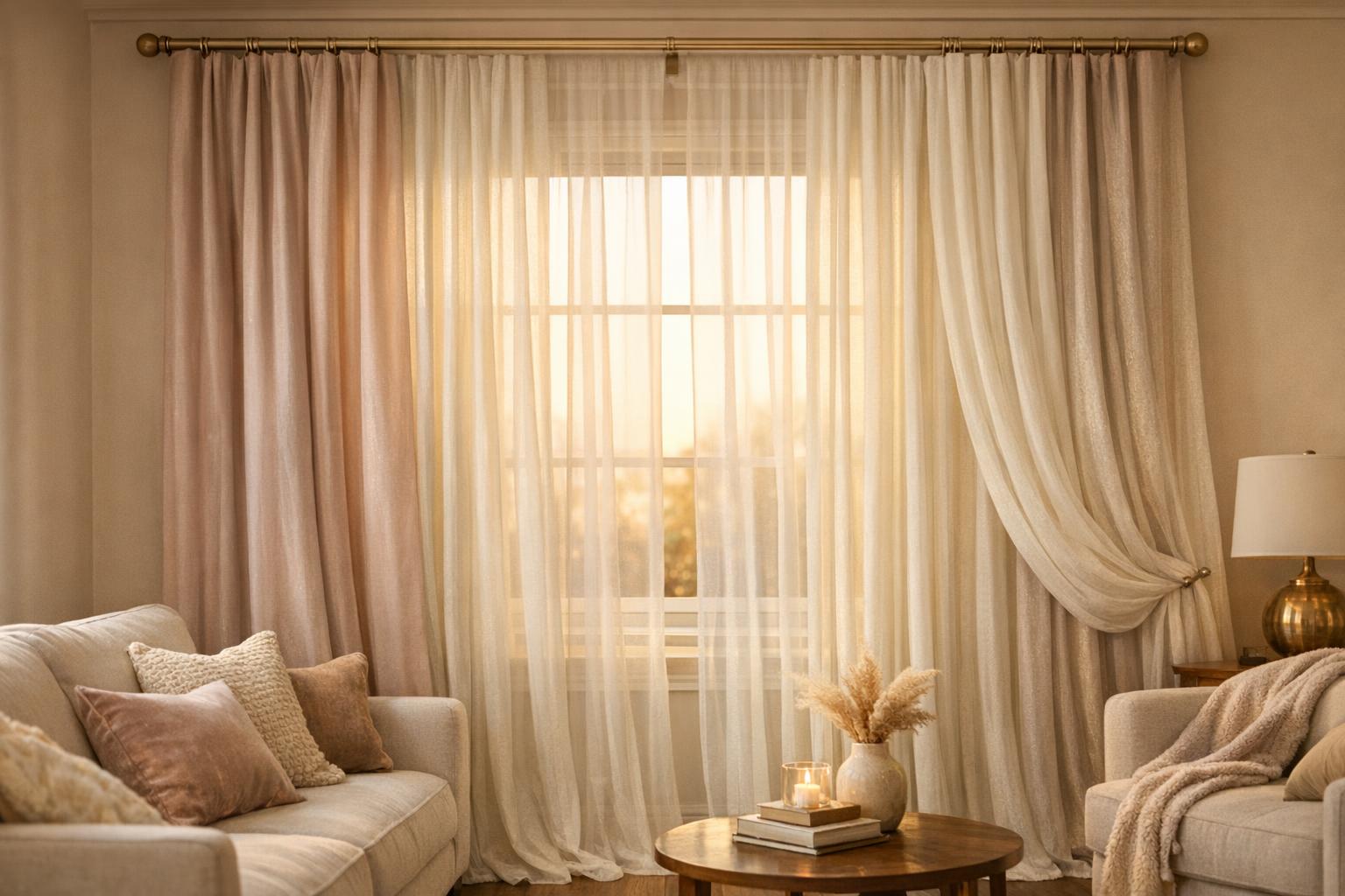 Professional stock photo of a softly sunlit living room window with layered drapery in muted blush and ivory tones, featuring elegant fabric textures and warm metallic hardware, embodying a romantic and inviting ambiance.
