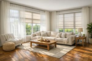 Large living room with big windows covered in sheer and semi-sheer shades diffusing sunlight, creating a soft and airy atmosphere.