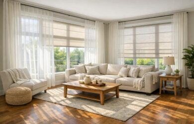 Large living room with big windows covered in sheer and semi-sheer shades diffusing sunlight, creating a soft and airy atmosphere.