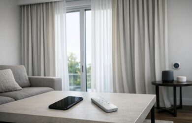 Modern living room with floor-to-ceiling motorized drapery on tall windows and smart control devices on a coffee table, no people visible.