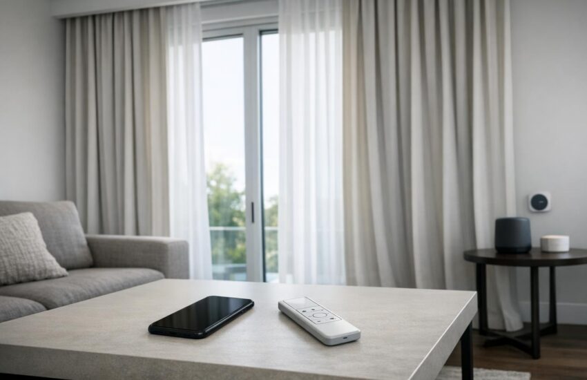 Modern living room with floor-to-ceiling motorized drapery on tall windows and smart control devices on a coffee table, no people visible.