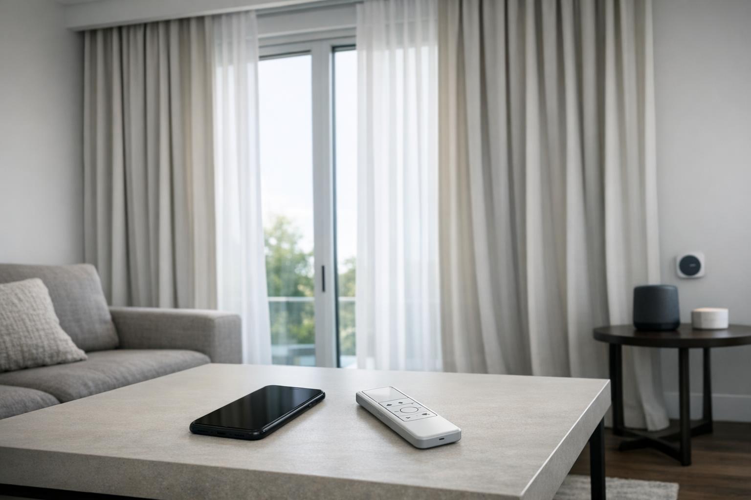 Modern living room with floor-to-ceiling motorized drapery on tall windows and smart control devices on a coffee table, no people visible.