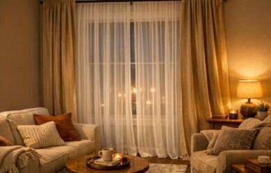 A cozy living room interior featuring a window with layered sheer and drape curtains, softly lit to create warm ambient lighting.