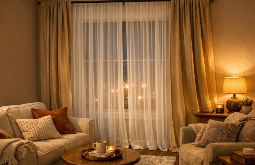 A cozy living room interior featuring a window with layered sheer and drape curtains, softly lit to create warm ambient lighting.
