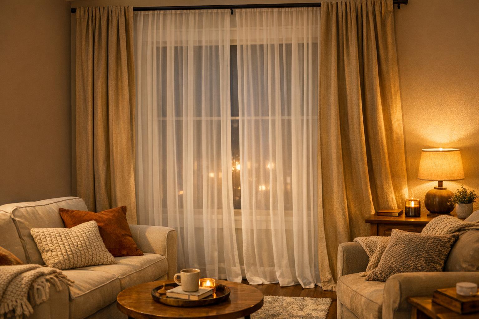 A cozy living room interior featuring a window with layered sheer and drape curtains, softly lit to create warm ambient lighting.