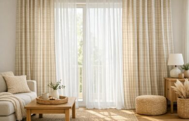 A bright living room with layered lightweight linen and cotton curtains filtering sunlight, highlighting spring drapery textures and patterns, with no people visible.