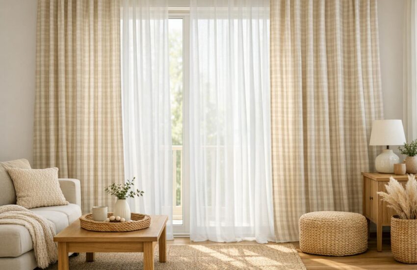 A bright living room with layered lightweight linen and cotton curtains filtering sunlight, highlighting spring drapery textures and patterns, with no people visible.