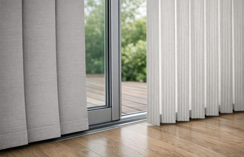 Modern living room with sliding glass patio doors featuring panel track shades and vertical blinds, showcasing seamless indoor-outdoor transition and stylish window treatments.