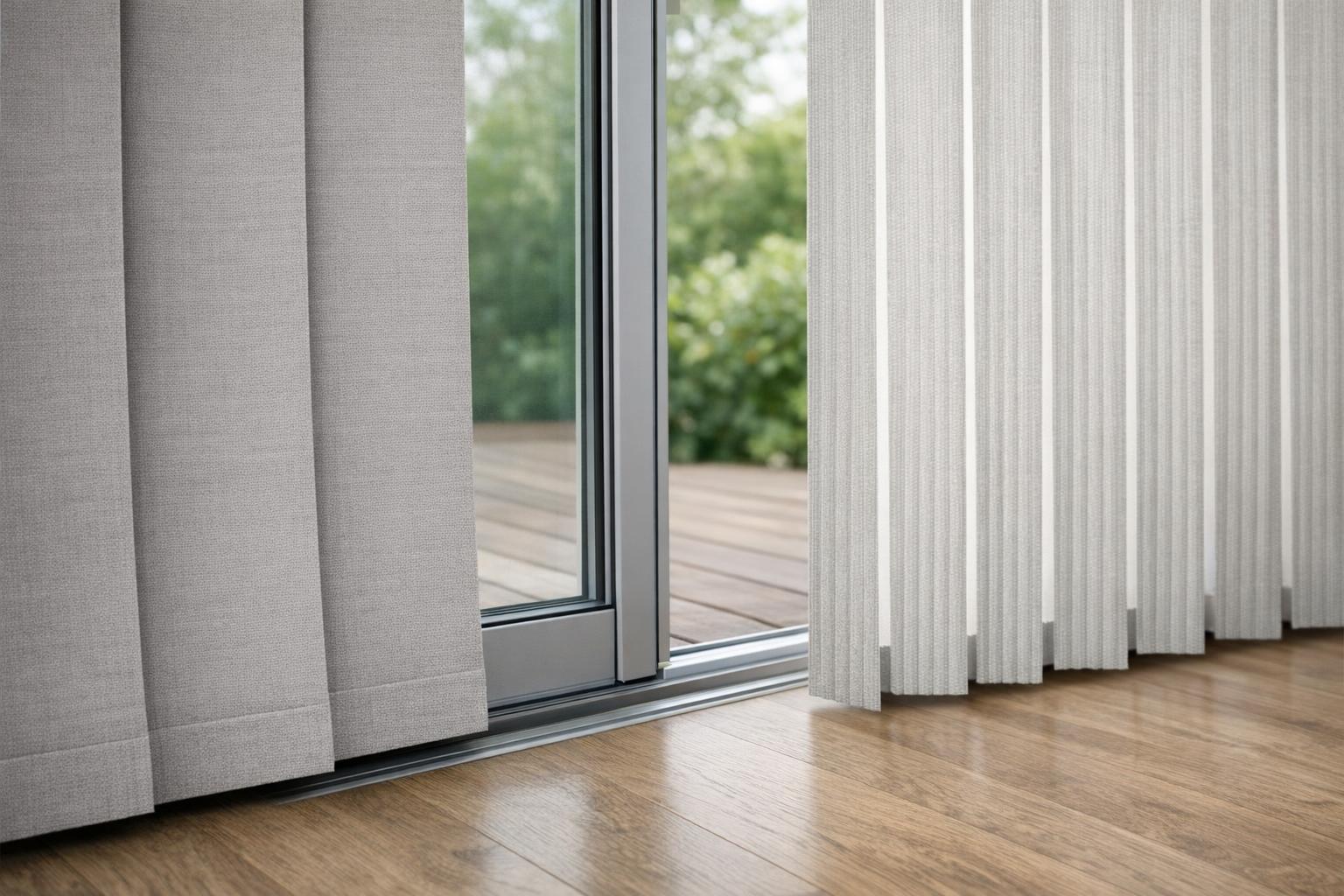 Modern living room with sliding glass patio doors featuring panel track shades and vertical blinds, showcasing seamless indoor-outdoor transition and stylish window treatments.
