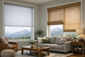 Modern Colorado living room featuring solar and woven wood window shades filtering bright sunlight and reducing glare, with mountain views visible outside the windows.