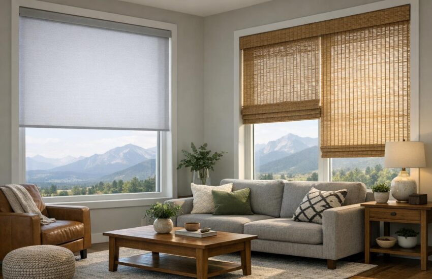 Modern Colorado living room featuring solar and woven wood window shades filtering bright sunlight and reducing glare, with mountain views visible outside the windows.