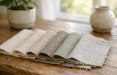 A selection of eco-friendly upholstery fabric swatches, including wool, linen, organic cotton, and recycled blends, arranged on a table with natural sunlight, symbolizing sustainable interior design choices for Colorado homes.