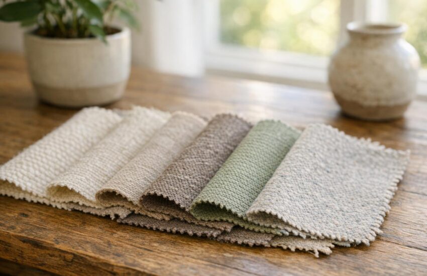 A selection of eco-friendly upholstery fabric swatches, including wool, linen, organic cotton, and recycled blends, arranged on a table with natural sunlight, symbolizing sustainable interior design choices for Colorado homes.