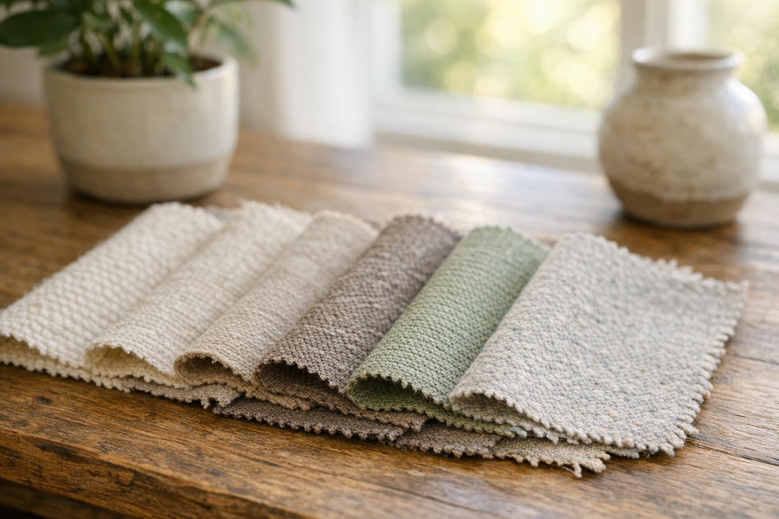 A selection of eco-friendly upholstery fabric swatches, including wool, linen, organic cotton, and recycled blends, arranged on a table with natural sunlight, symbolizing sustainable interior design choices for Colorado homes.