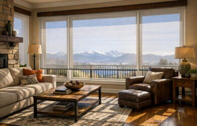A sunlit Colorado living room with large windows covered by solar shades, filtering light to protect furniture and hardwood floors from UV damage.