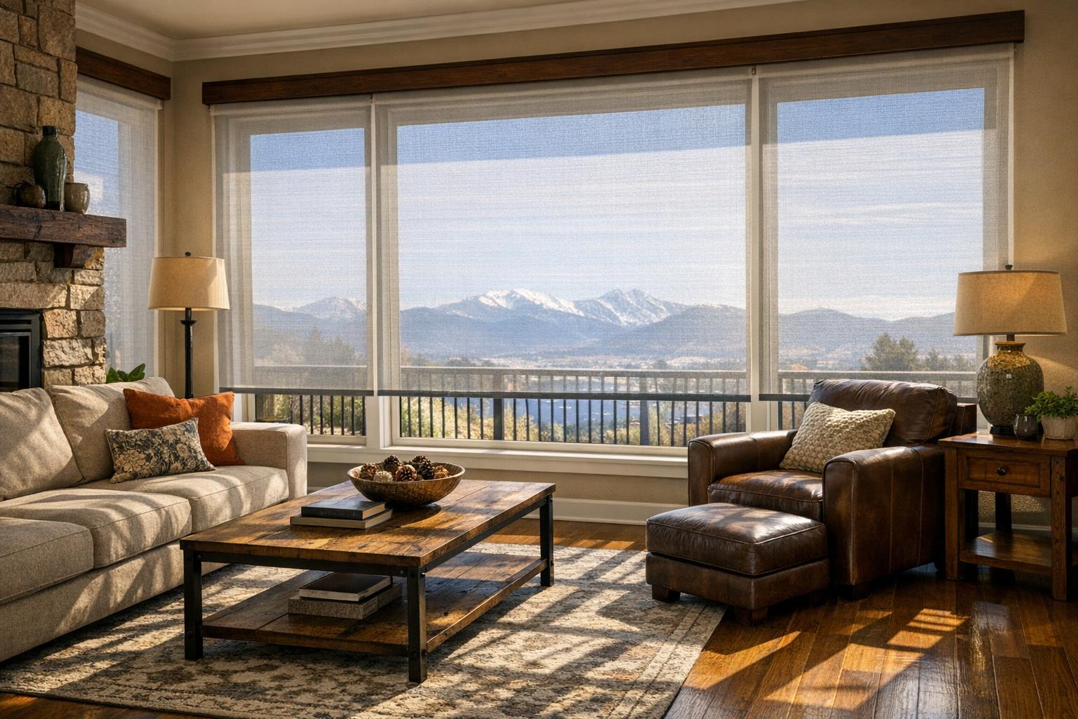 A sunlit Colorado living room with large windows covered by solar shades, filtering light to protect furniture and hardwood floors from UV damage.