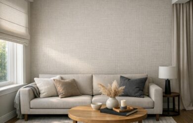 Modern living room featuring a textured accent wall wallpaper with complementary window treatments, photographed in natural light for a crisp and professional look.